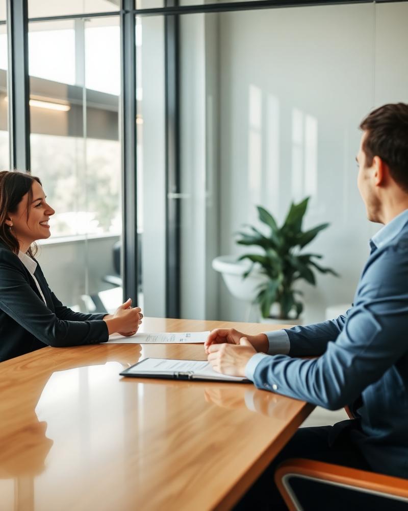 A candidate being interviewed in a glass meeting room