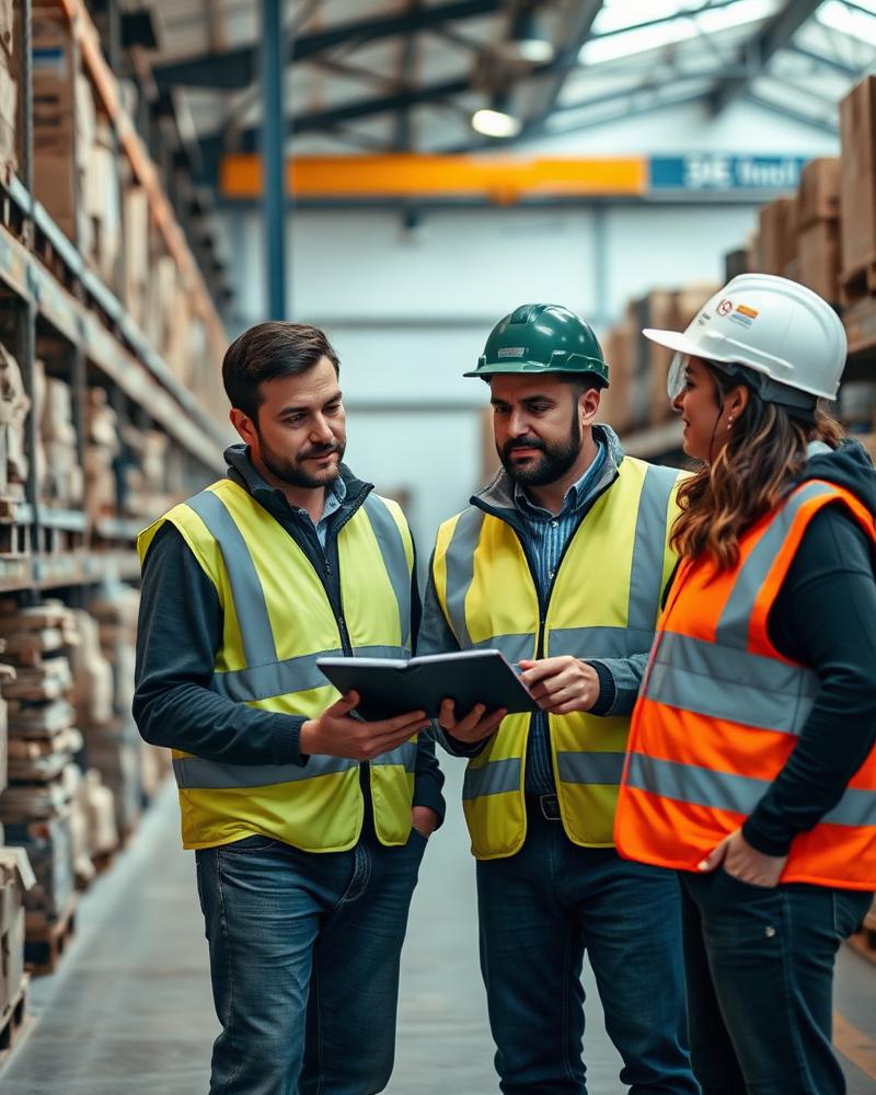 Warehouse supervisor briefing workers in safety vests