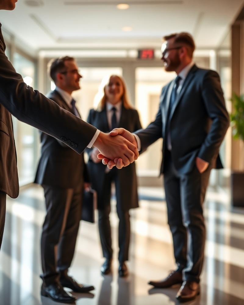 Client and recruiter shaking hands in an office lobby