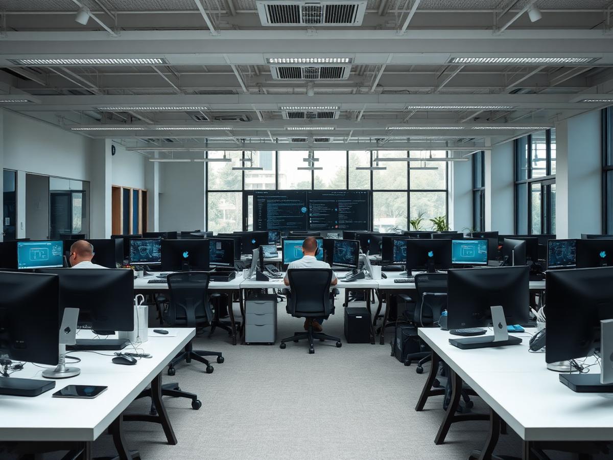 Open plan technology office with engineers at desks
