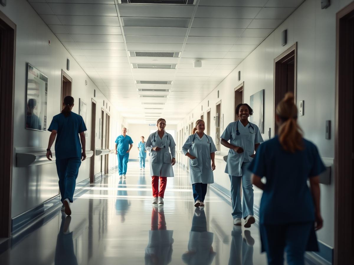 Nurses and medical staff walking through a hospital corridor