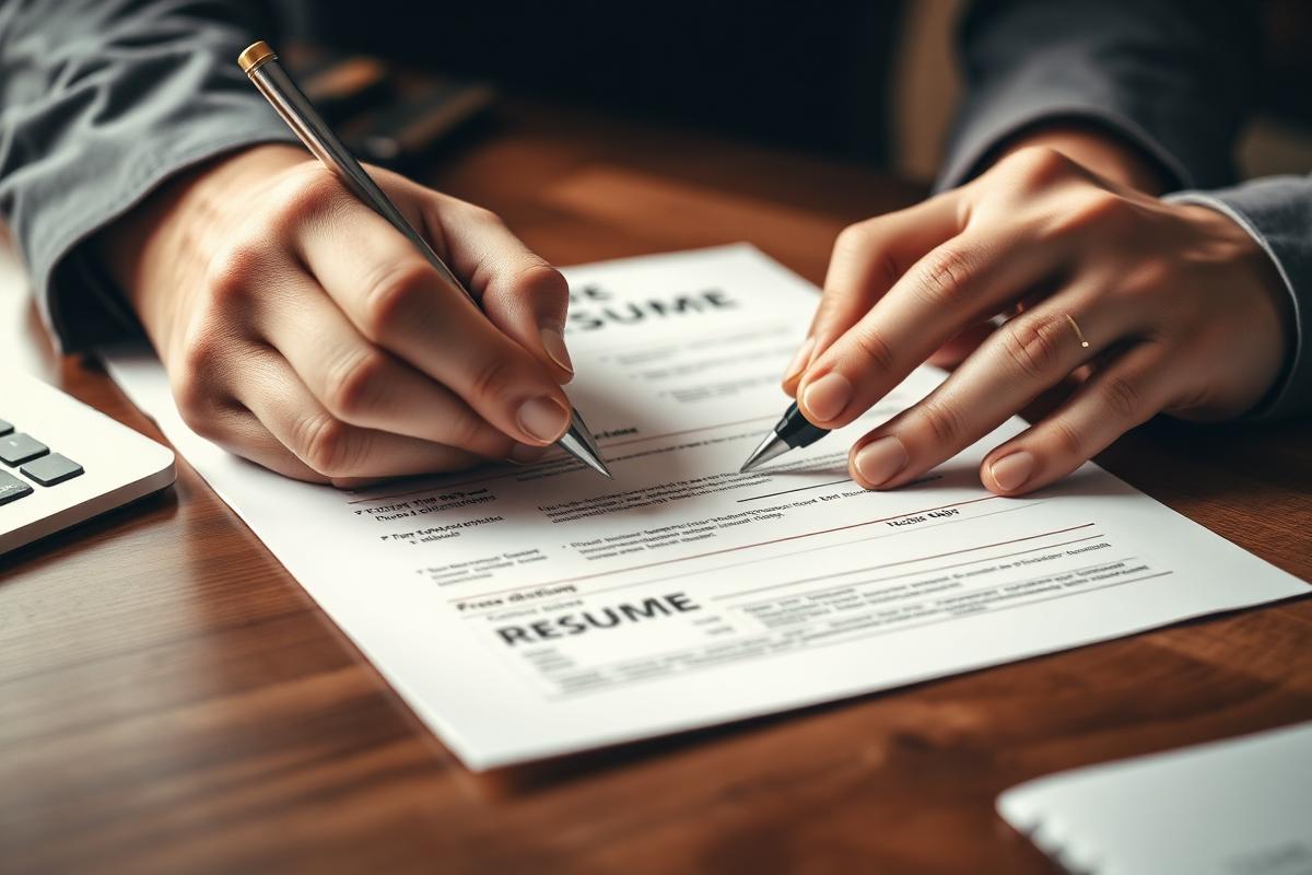 Hands marking up a printed resume with a pen