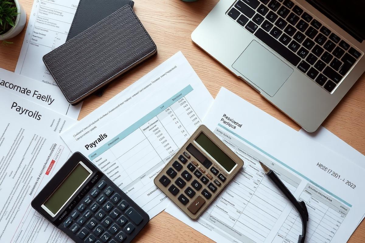 Payroll paperwork, calculator and laptop on a desk